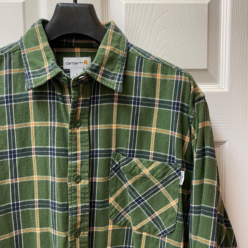 Carhartt Men's Large Green, Navy & Orange Plaid 100% Cotton Flannel Button Down